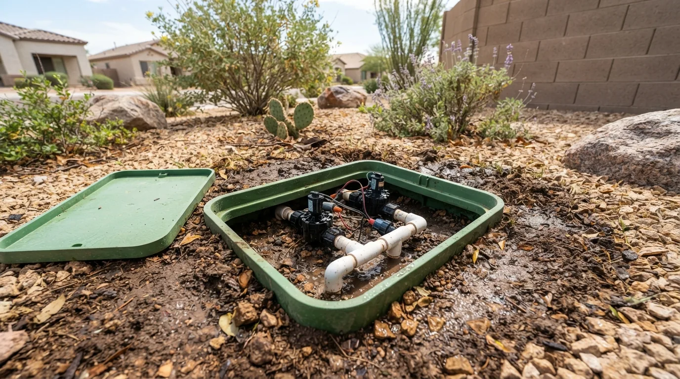 Open irrigation valve box with PVC fittings in a Gilbert residential landscape
